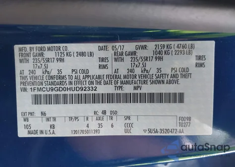 2017 Ford Escape Se from USA, damaged, VIN 1FMCU9GD0HUD92332